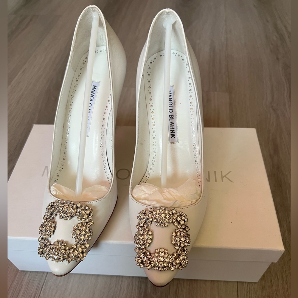 Manolo Blahnik Cream Crystal Embellished Heels